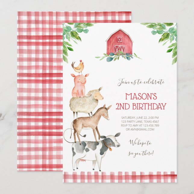 Invitation Farm Old MacDonald Barnyard Red Boy Animals Party (Devant / Derrière)