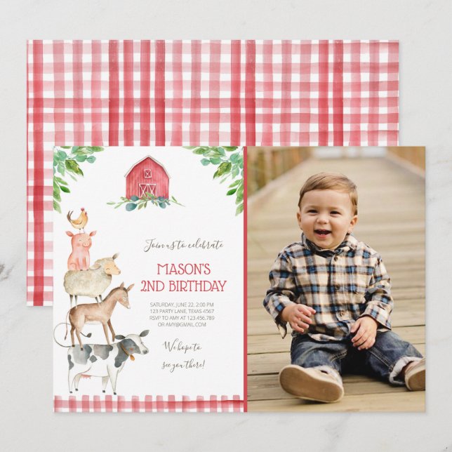 Invitation Farm Old MacDonald Barnyard Red Boy Animals Party (Devant / Derrière)