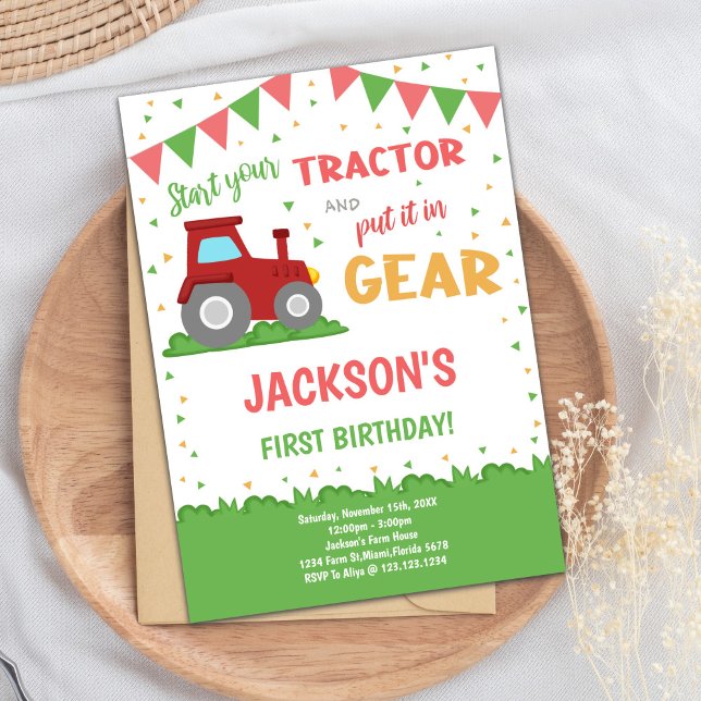 Invitation Farm Party for Boys (Red Flags Tractor Birthday Invitations)