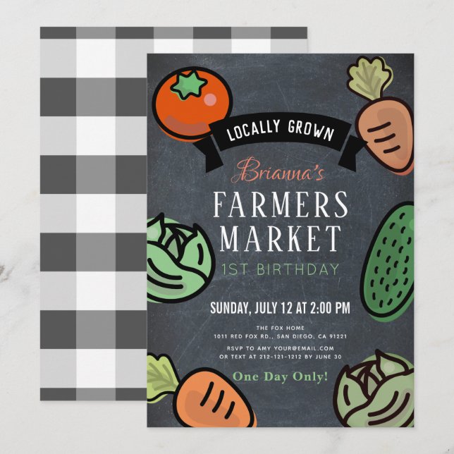 Invitation Farmers Market Chalkboard 1er Anniversaire Invitat (Devant / Derrière)