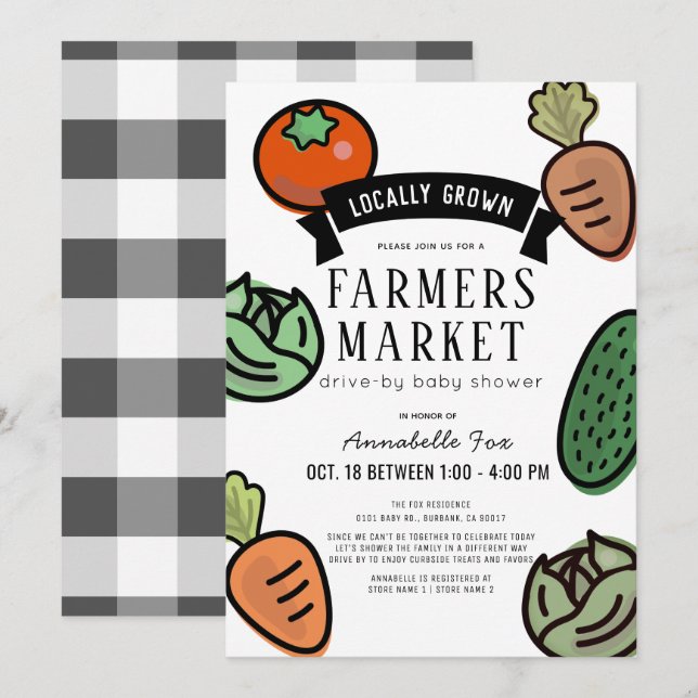 Invitation Farmers Market White Drive-by Baby shower (Devant / Derrière)
