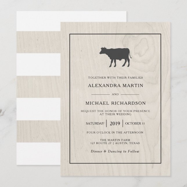 Invitation Farmhouse Chic | Bois blanc avec Mariage de vache (Devant / Derrière)