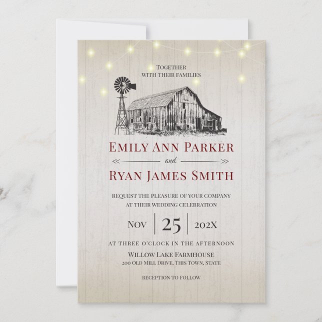 Invitation Farmhouse Country Grange Croquis et lumières à cor (Devant)