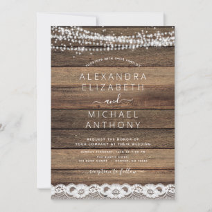 Invitation Farmhouse rustique Lights dentelle Mariage en bois