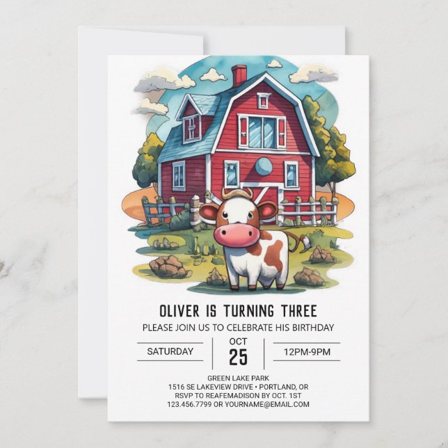 Invitation Farmyard Cow Aquarelle Anniversaire (Devant)