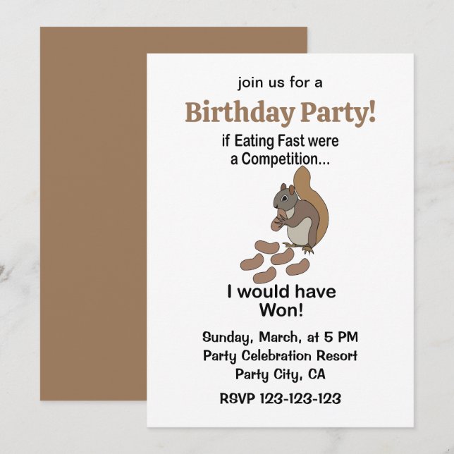 Invitation Fast Eating Squirrel Funny Birthday Party (Devant / Derrière)