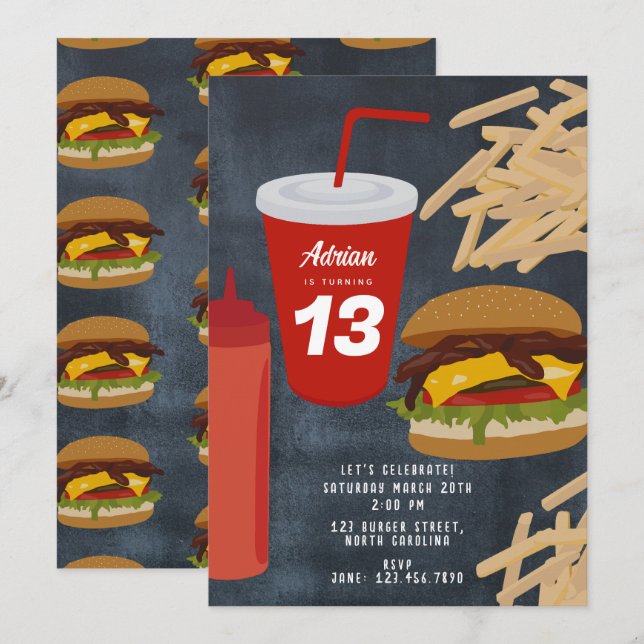 Invitation Fast Food Burger Fries Barbecue Anniversaire (Devant / Derrière)