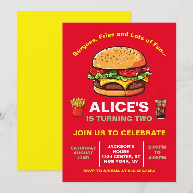 Invitation Fast Food Hamburguer Fries Soda Anniversaire (Devant / Derrière)