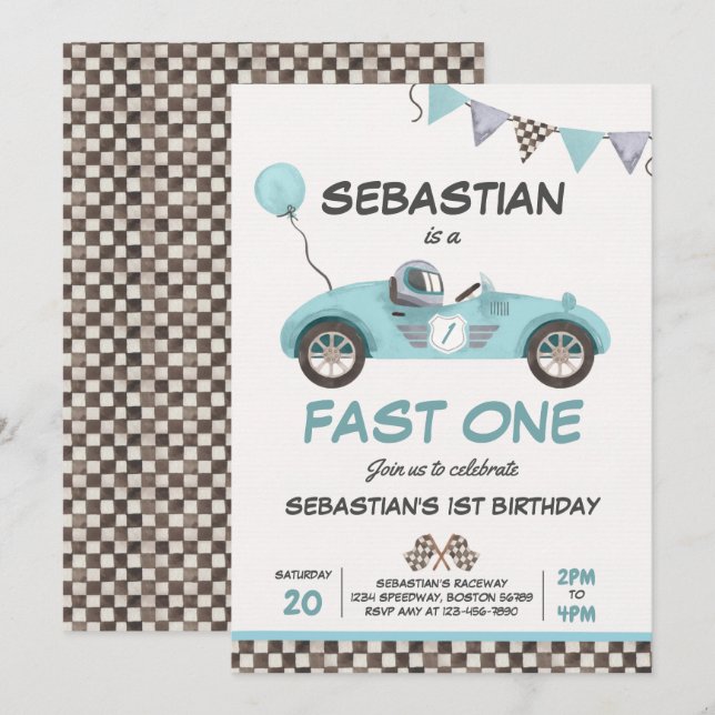Invitation Fast One Anniversday Party Blue Race Voiture 1er A (Devant / Derrière)