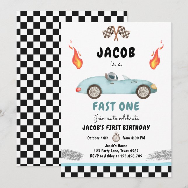 Invitation Fast One Anniversday Party Race Car Blue 1er Anniv (Devant / Derrière)