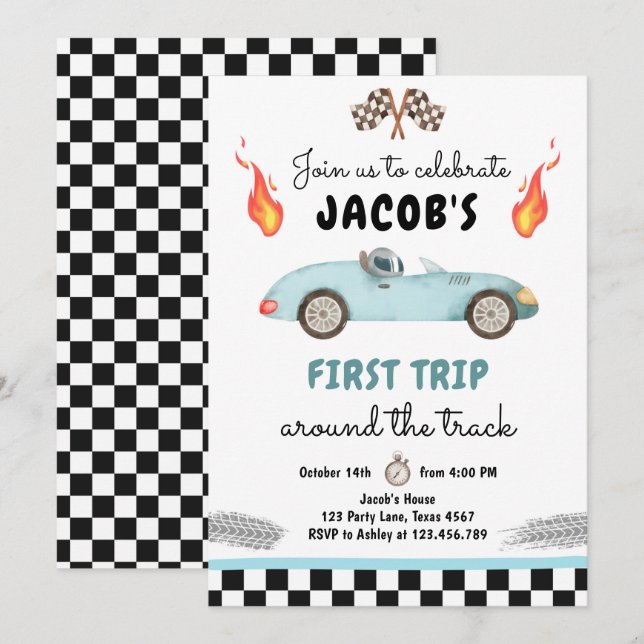 Invitation Fast One Anniversday Party Race Car Blue 1er Anniv (Devant / Derrière)