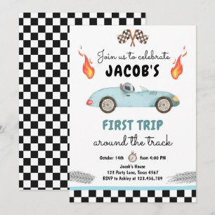 Invitation Fast One Anniversday Party Race Car Blue 1er Anniv