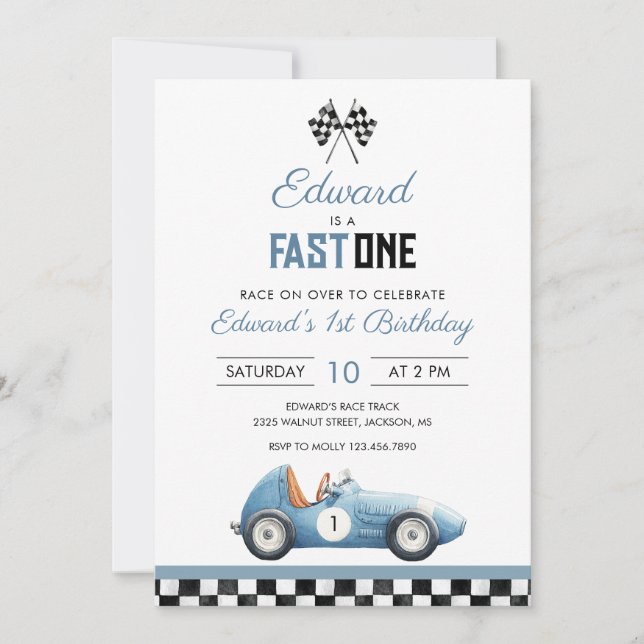 Invitation Fast One Blue Race Car 1st Birthday (Devant)