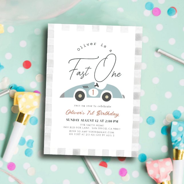 Invitation Fast One Blue Race Car Boy 1er anniversaire (Créateur téléchargé)