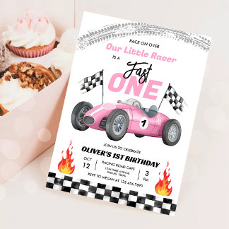 Invitation Fast One Pink Race Car 1er Anniversaire Racing Gir