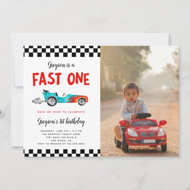 Invitation FAST ONE Race Car Boy 1st Birthday Party Photo (Devant)