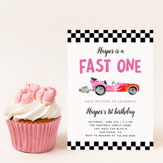 Invitation FAST ONE Race Car Girl 1er anniversaire fête (Créateur téléchargé)