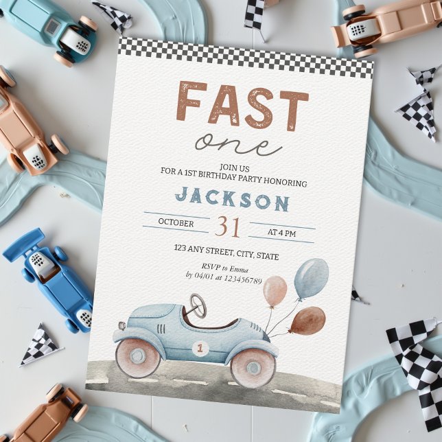 Invitation Fast One Racing Car Blue Boy 1er anniversaire (Fast One Race Car Boy's 1st birthday invitation soft pastel blue brown checkered flag, racing)