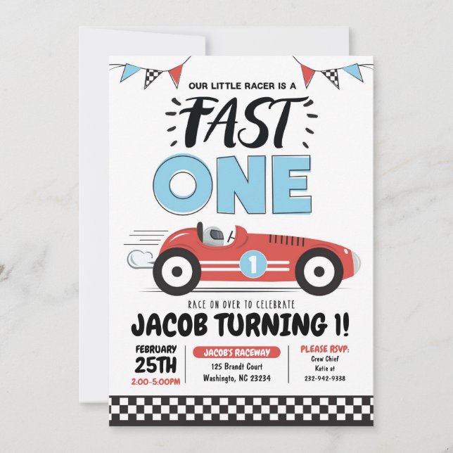 Invitation Fast One Red Race Car Boy 1er Anniversaire Fête In (Devant)