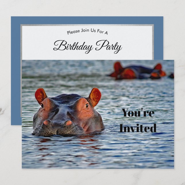 Invitation Faune Hippo photo d'eau Anniversaire (Devant / Derrière)