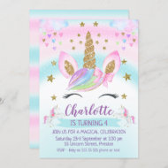Invitation fausse Gold Unicorn Rainbow 1er anniversaire Invit