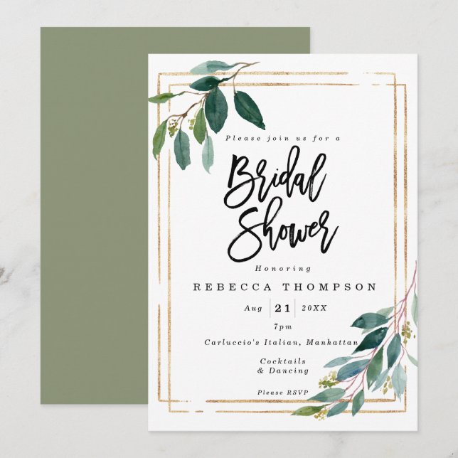 Invitation fausse or & verdure boho douche nuptiale moderne (Devant / Derrière)