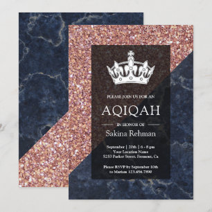 Invitation Fausse rose en or pailleté marbre bleu Aqiqah
