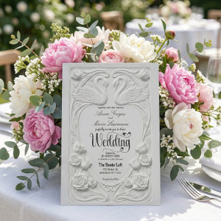 Invitation Faux 3D Embossed White Swan Floral Formal Wedding