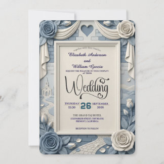 Invitation Faux 3D Relief Dusty Blue Floral Wedding 
