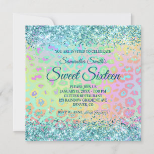Invitation Faux Aqua Blue Parties scintillant Rainbow Leopard