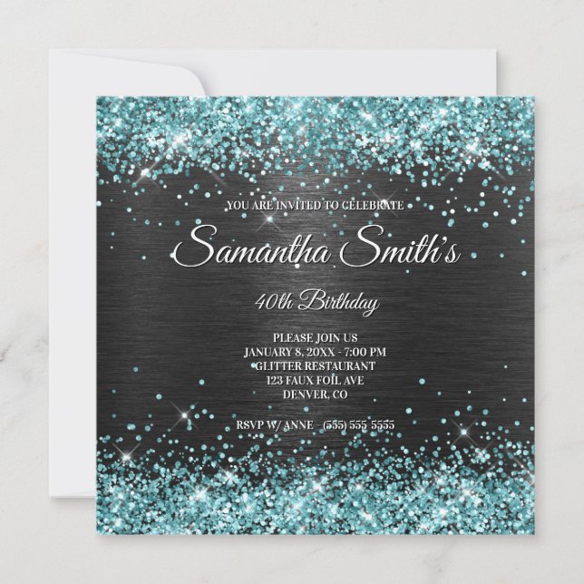 Invitation Faux Aqua Parties scintillant et Black Foil 40e an (Devant)