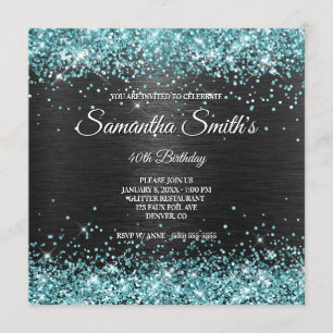Invitation Faux Aqua Parties scintillant et Black Foil 40e an