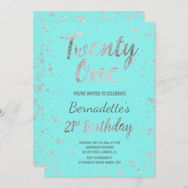 Invitation Faux argent confetti splatters turquoise 21e anniv (Devant / Derrière)