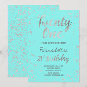 Invitation Faux argent confetti splatters turquoise 21e anniv