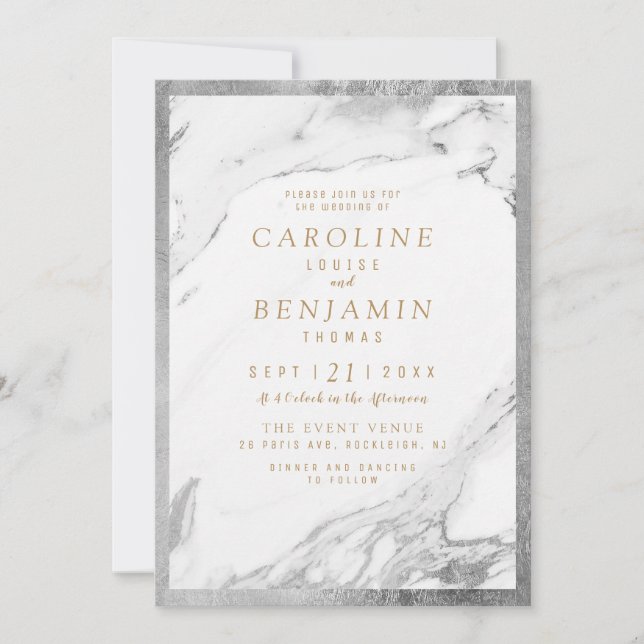 Invitation Faux argent feuille marbre luxe moderne mariage (Devant)