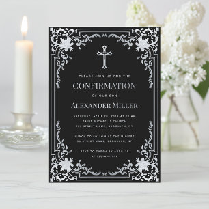 Invitation Faux argent noir élégant vintage garçon confirmati