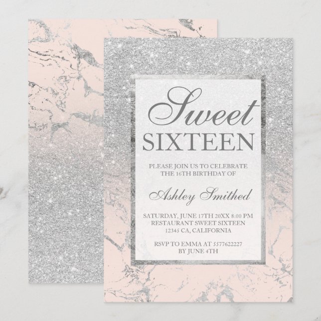 Invitation Faux argent parties scintillant marbre rose élégan (Devant / Derrière)