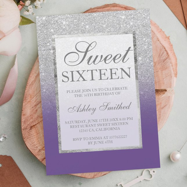 Invitation Faux argent parties scintillant violet élégant chi (Créateur téléchargé)