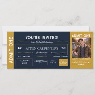 Invitation Faux Billet de Remise des Diplômes Navy & Or In