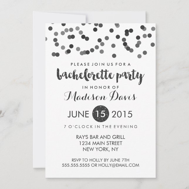 Invitation Faux Black Glitter Enterrement de Vie de Jeune Fil (Devant)