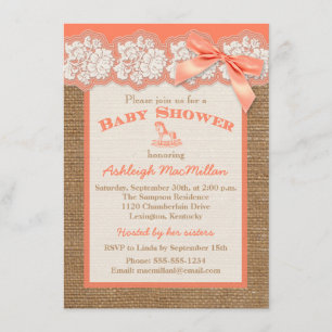 Invitation FAUX Burlap Ivory Lace, Orange Baby shower Invitat