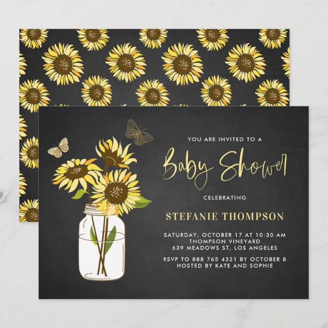 Invitation Faux Chalkboard Baby shower de tournesols jaunes (Devant / Derrière)