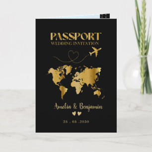 Invitation Faux cœur d'or passeport mariage de destination