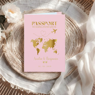 Invitation Faux cœur d'or passeport mariage de destination 