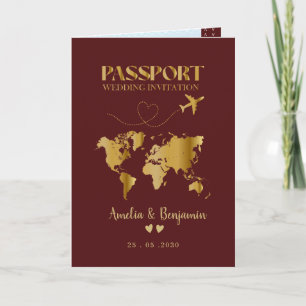 Invitation Faux cœur d'or passeport mariage de destination