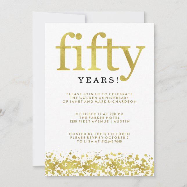 Invitation Faux Confetti en Or pour les Cinquante Ans de Mari (Devant)