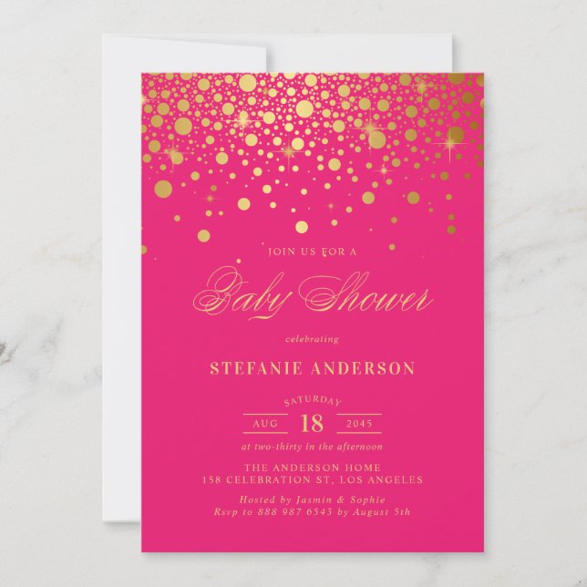 Invitation Faux Confettis en Papier Doré Rose Chaud Baby Show (Devant)