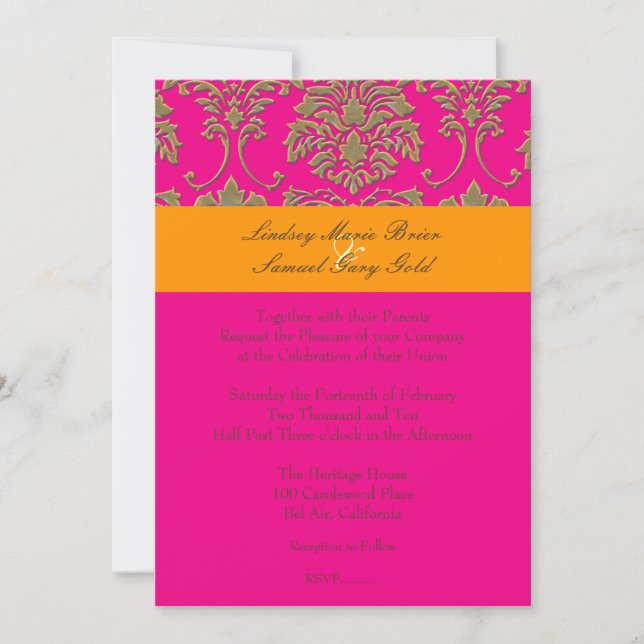 Invitation Faux damas or/ orange/rose vif (Devant)