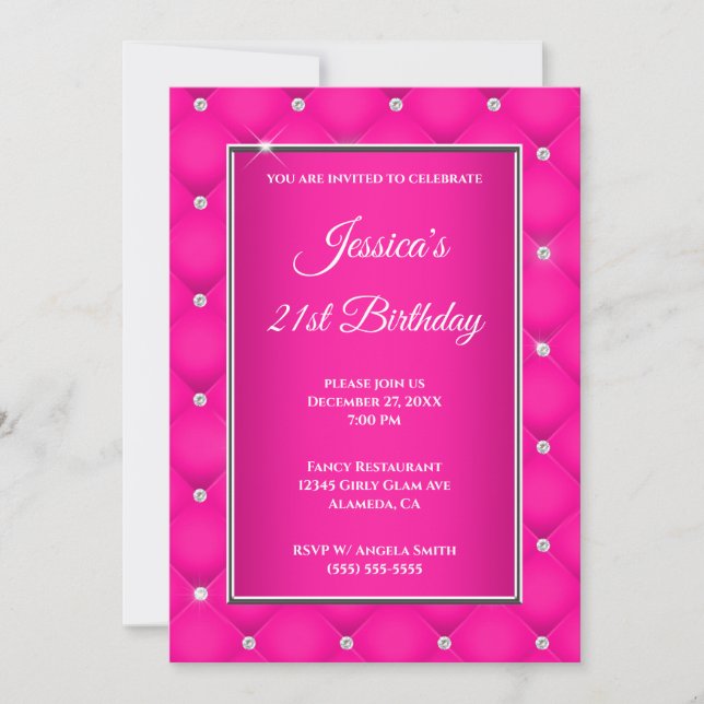 Invitation Faux Diamond Tufted Hot Pink Ombre 21e anniversair (Devant)