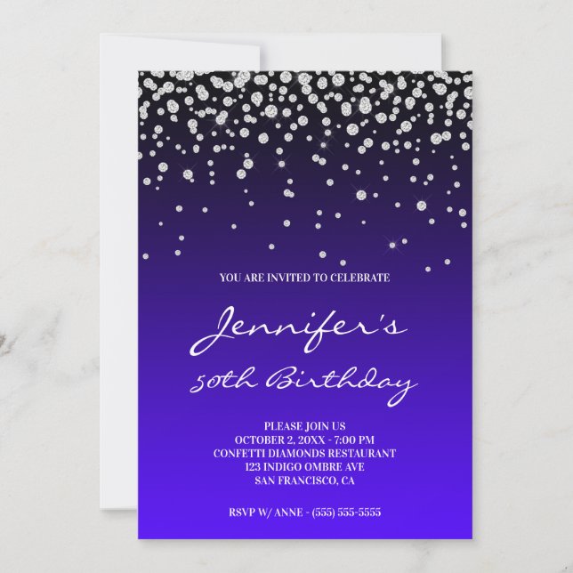 Invitation Faux Diamonds Black Indigo Ombre 50e anniversaire (Devant)